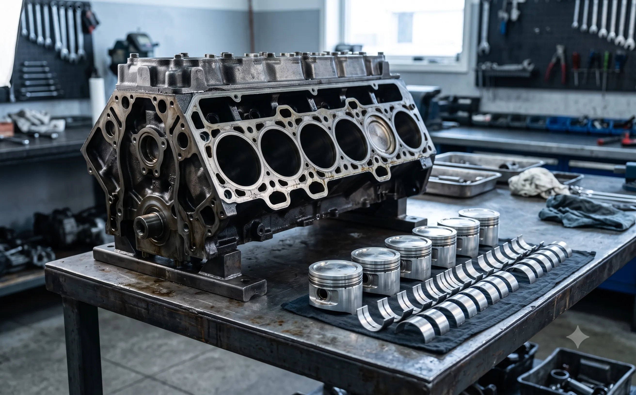 Motor diesel en banco de taller
